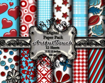 Digital Paper, Digital Scrapbook Paper Pack, Blue and Red, 12 Digital Background, (12" X 12" - 300 DPI) Blue & Red Background