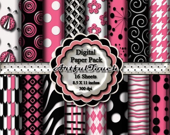 Digital Paper, Digital Scrapbook Paper Pack, Black Pink Damask , 16 Digital Background, (8.5" X 11" - 300 DPI) INSTANT DOWNLOAD