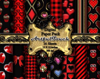 Digital Paper, Valentine Digital Scrapbook Paper Pack, 16 Valentine (3) Black Red Damask Paper, 12" X 12" - 300 DPI - INSTANT DOWNLOAD