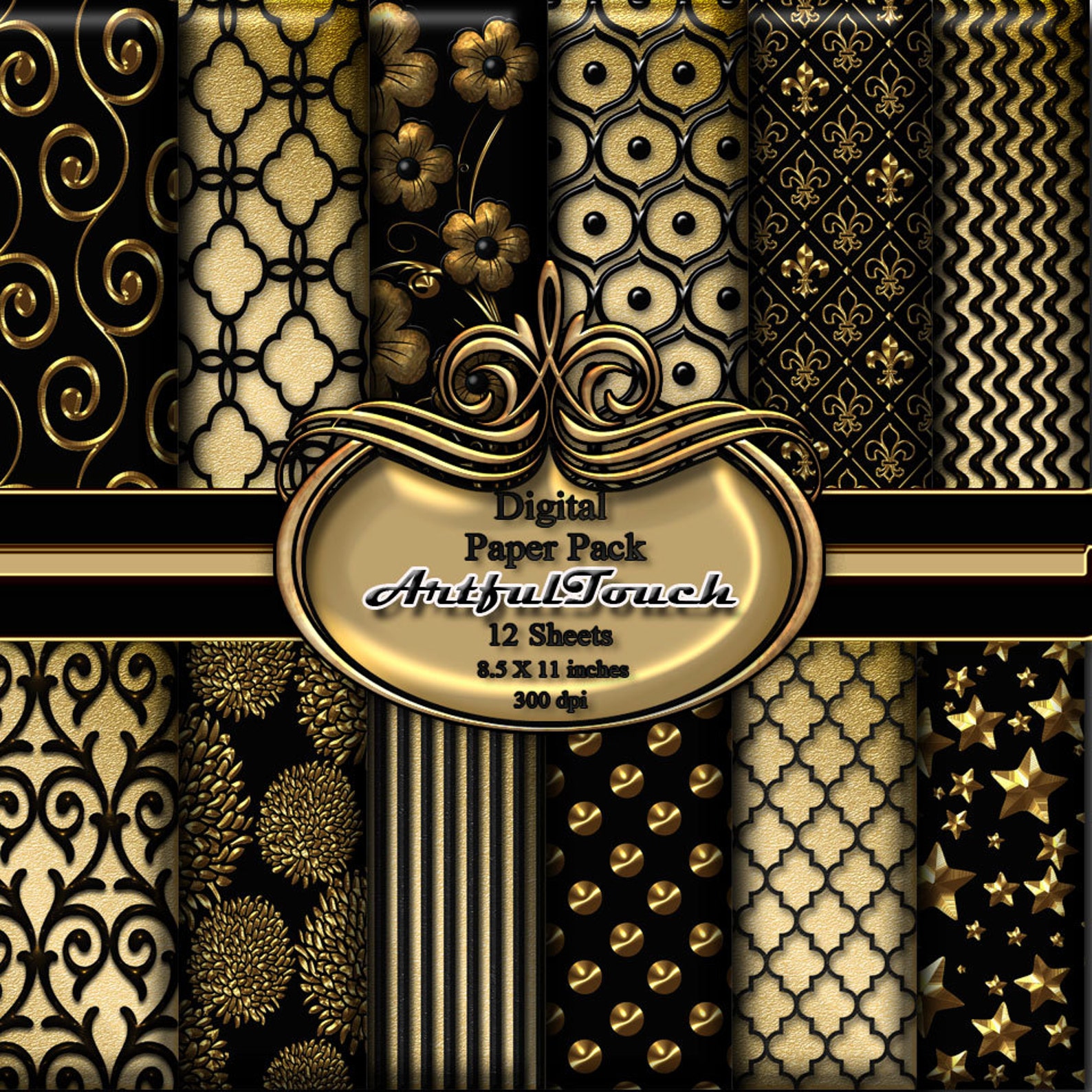 Digital Black and Gold Damask Digital Paper Black and Gold Etsy