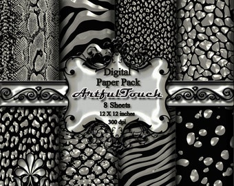 Silver Digital Paper: Black Silver Animal Print Digital Paper, Black Digital Paper, Animal Print Digital Paper Background INSTANT DOWNLOAD