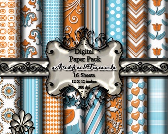 Damask Digital Paper - 16 Scrapbook Digital Paper Pack (12" X 12" - 300 DPI) Blue Orange Digital Paper - digital background - Damask Paper