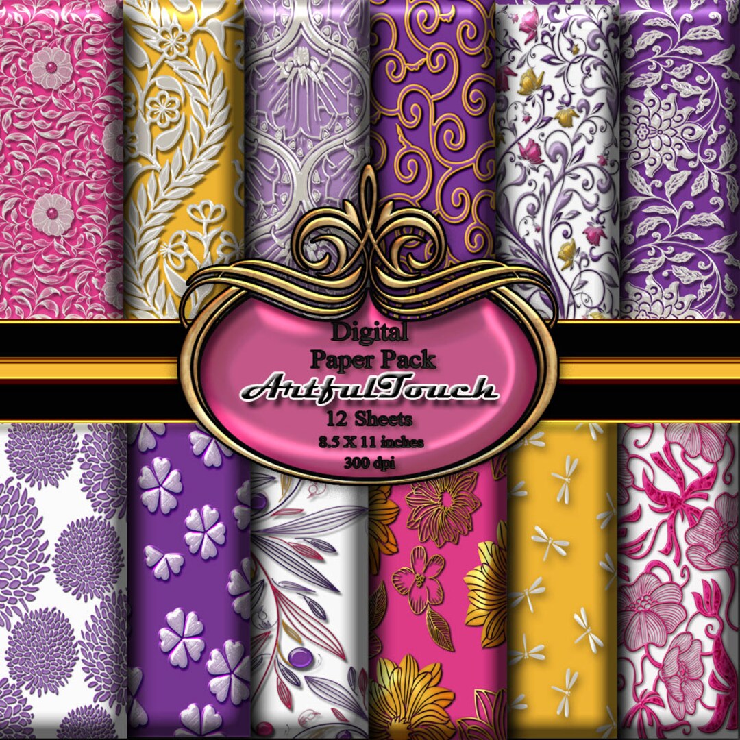 Digital Paper Yellow Hot Pink Damask Digital Paper Pack 12 Scrapbooking ...