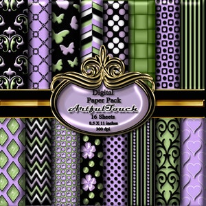 May include: Digital paper pack with 16 sheets of various patterns in shades of green, purple, black and white. The patterns include butterflies, polka dots, stripes, and geometric designs. The pack is 8.5 x 11 inches and 300 dpi. The text "Artful Touch" is displayed on the pack.
