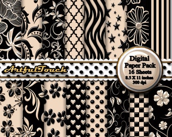 Black Floral Digital Paper Black Off White Digital Paper, Floral Digital Paper, Black Scrapbook Paper, Black Floral Paper Instant Download