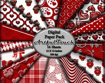 Digital Paper Valentine Digital Scrapbook Paper Pack, 16 Valentine Red Damask (12" X 12" - 300 DPI) Paper Craft Card Making INSTANT DOWNLOAD