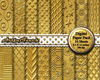 Gold Digital Paper, Metallic Gold Digital Paper, Gold Embossed Paper, Gold Backgrounds, Gold Paper, Gold Scrapbook Paper, Instant Download