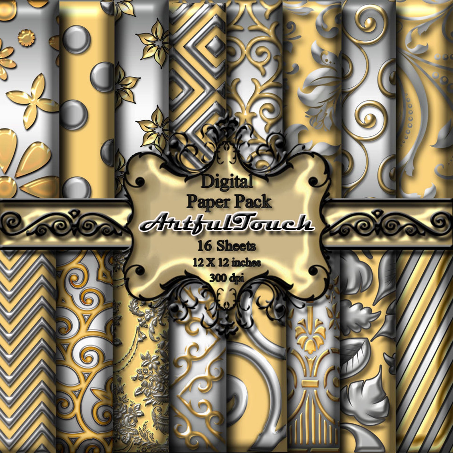 Yellow Silver Damask Digital Scrapbook Paper Pack Digital Etsy