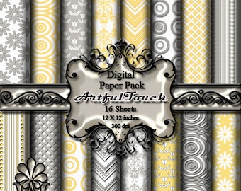 Digital Paper - 16 Scrapbook Digital Paper Pack (12" X 12" - 300 DPI) Gray Yellow Damask (2) Digital Paper - INSTANT DOWNLOAD