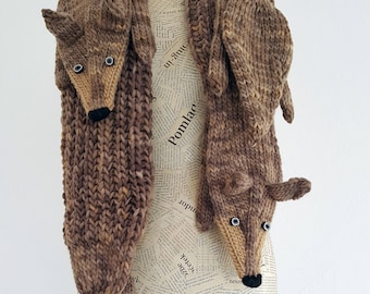 Hand knit wolf scarf in brown black with polymer clay buttons