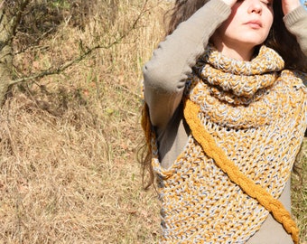 Braided asymmetric knit cowl vest in grey, mustard for autumn spring. Winter poncho, fashion accessories, women knit vest.