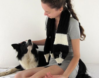 Hand knit Border Collie scarf in black and white with polymer clay buttons, true love