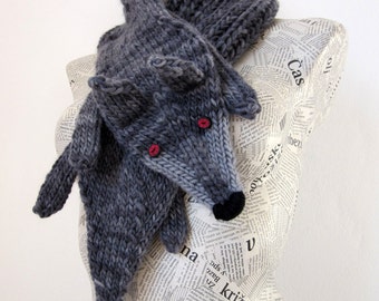 Hand knit wolf scarf in grey black with polymer clay buttons