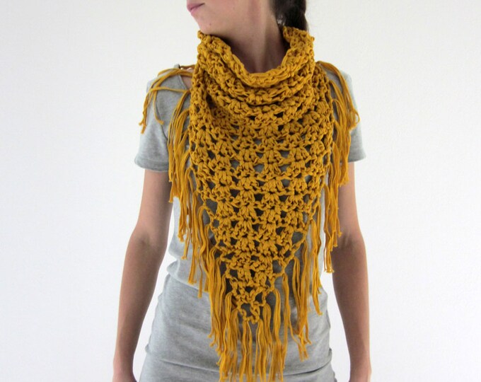 Crochet Fringe Cowl Neck Scarf in Mustard Yellow Etsy