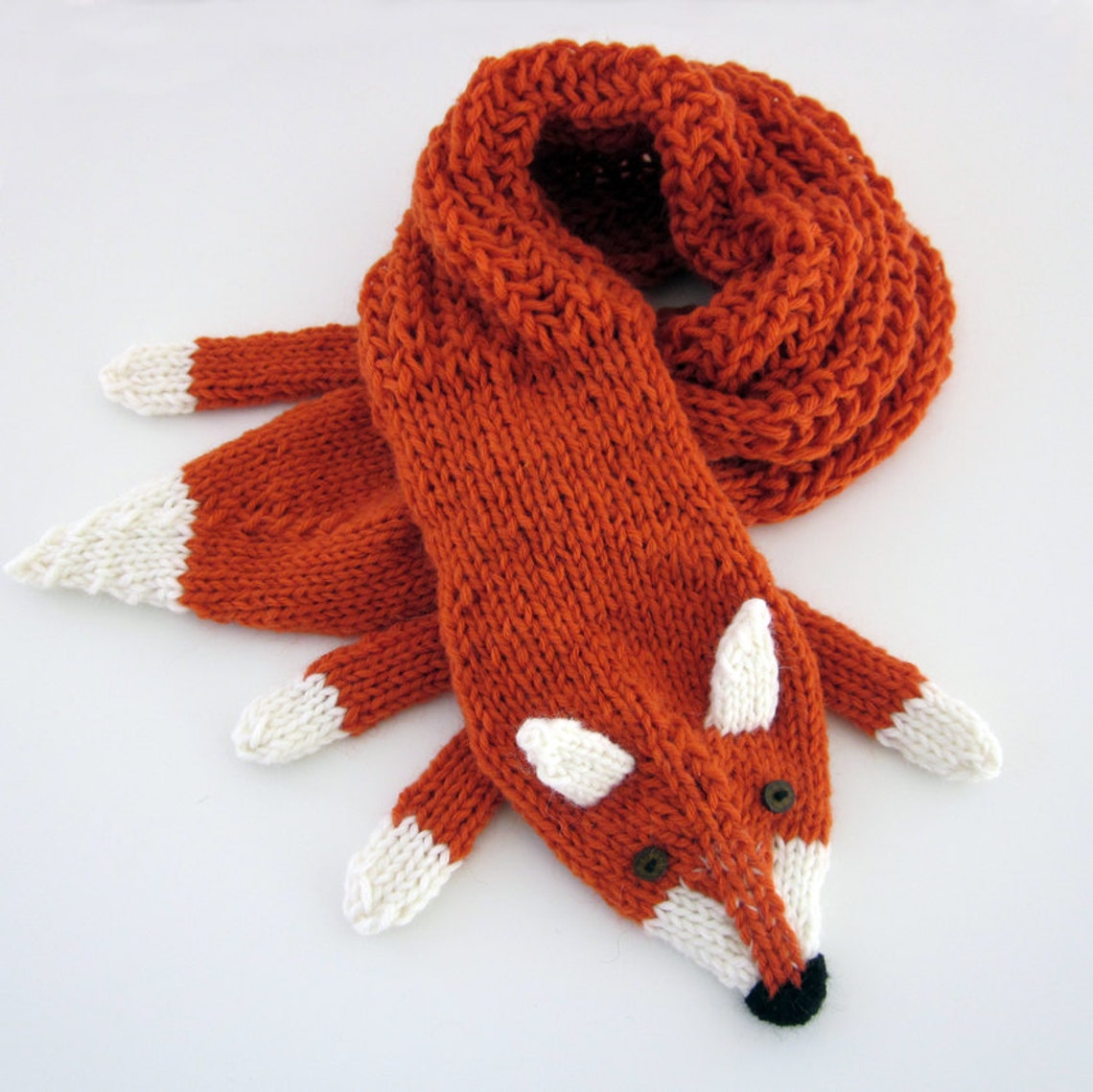 Hand Knit Fox Scarf in Red Orange With Polymer Clay Buttons, With Ears ...