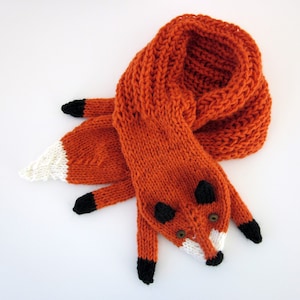 Hand knit fox scarf in red orange with polymer clay buttons