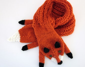 Hand knit fox scarf in red orange with polymer clay buttons