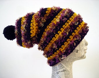 Striped crochet long hat, crochet slouchy hat, yellow burgundy hat, striped slouchy hat, pom pom hat, winter hats.