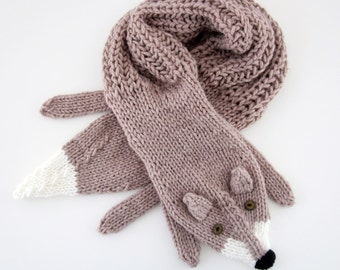 Hand knit fox scarf in light brown, hazelnut with polymer clay buttons