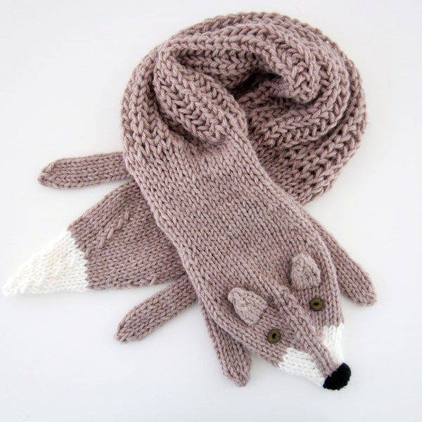 Hand knit fox scarf in light brown, hazelnut with polymer clay buttons