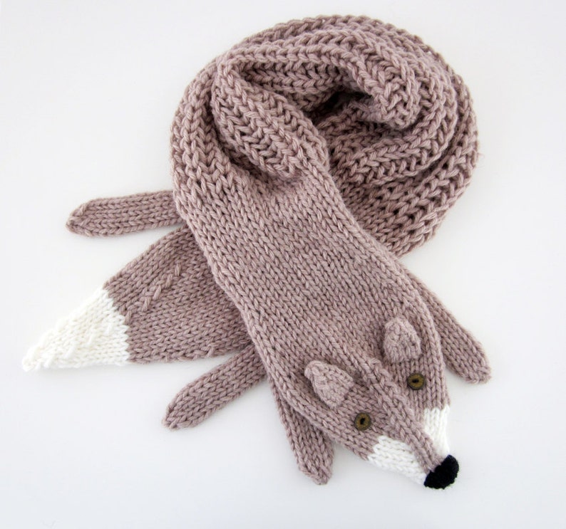 Hand knit fox scarf in light brown, hazelnut with polymer clay buttons image 1