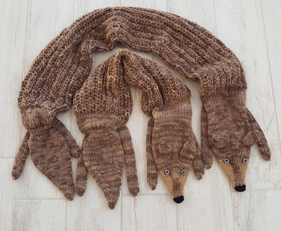 Hand Knit Wolf Scarf in Brown Black With Polymer Clay