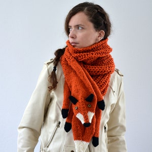 Hand knit long fox scarf in red orange with polymer clay buttons