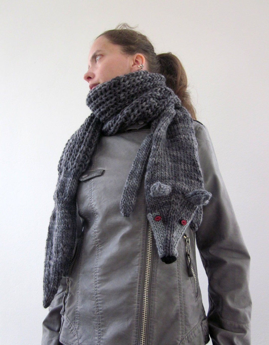 Hand Knit Long Wolf Scarf in Grey Black With Polymer Clay Buttons, Grey ...