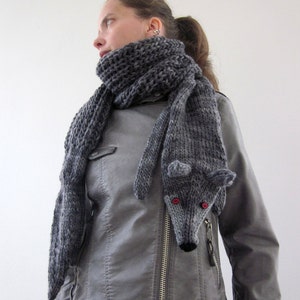 Hand knit long wolf scarf in grey black with polymer clay buttons, grey black wolf, animals scarf.