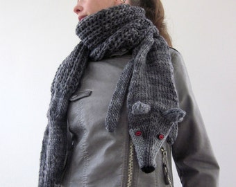 Hand knit long wolf scarf in grey black with polymer clay buttons, grey black wolf, animals scarf.