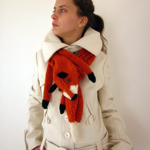 Hand knit fox scarf in red orange with polymer clay buttons image 2