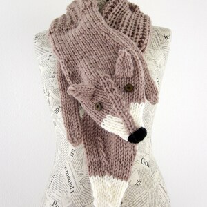 Hand knit fox scarf in light brown, hazelnut with polymer clay buttons image 5