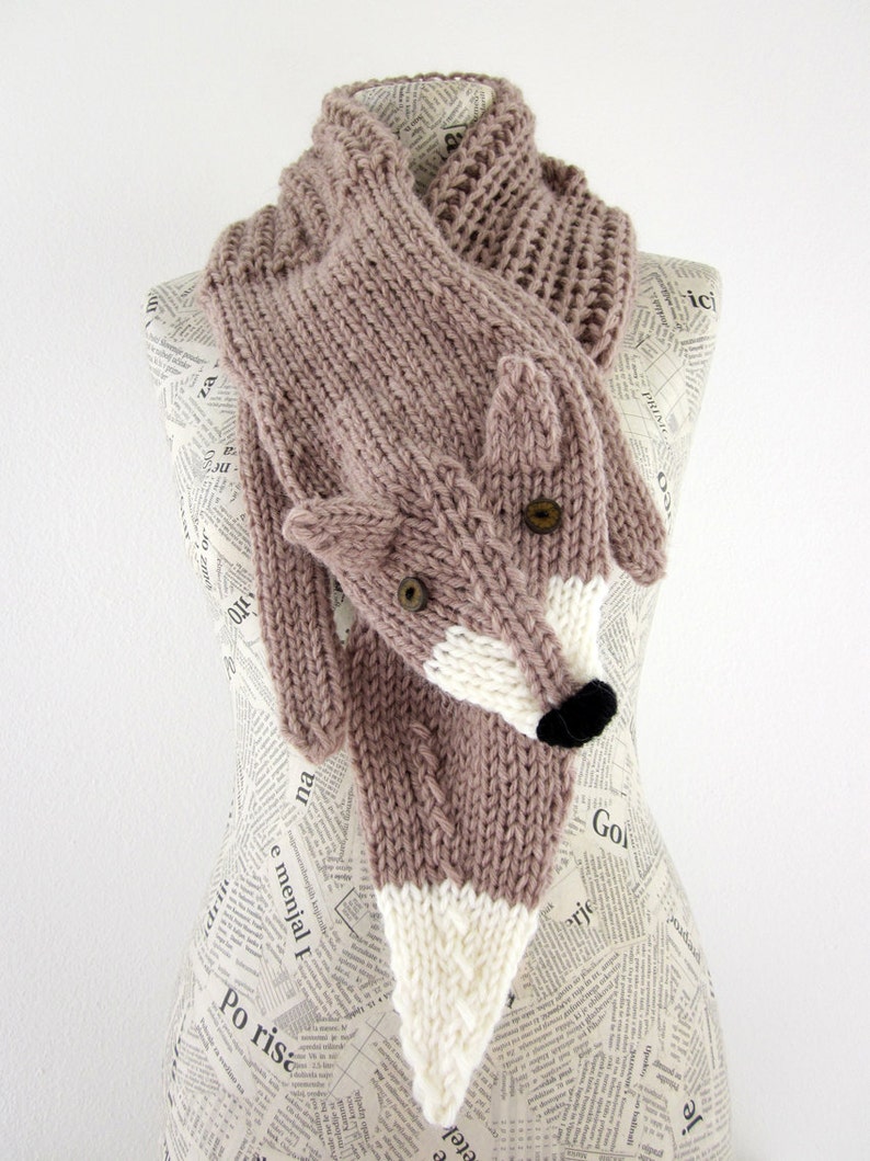 Hand knit fox scarf in light brown, hazelnut with polymer clay buttons image 5