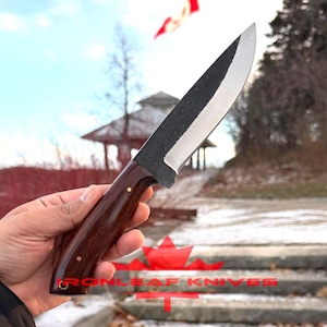 Handmade Forged Carbon Steel Bushcraft Knife RoseWood Handle, Leather Sheath