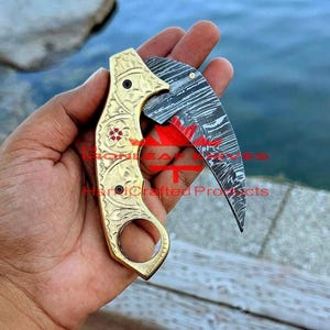 Handmade Damascus Steel Foldable KaramBit Knife | Twist Pattern — Engraved One Piece Brass & Mosaic Handle  Everyday Carry / Outdoor Blade