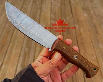 HandForged Damascus BushCraft | Hunting | Skinner knife with leather sheath | Micaeta handle | Modern Camping knife