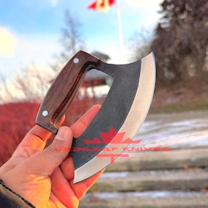Handmade Ulu Knife with RoseWood Handle | Leather Sheath | Forged Steel Curved Blade for Kitchen | Chopping & Collectible Use