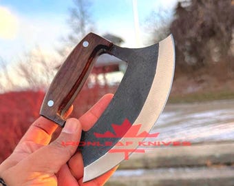 Handgefertigtes Ulu-Messer mit Griff aus Rosenholz | Lederscheide | Geschmiedete Stahl gebogene Klinge für die Küche | Hacken & Sammlergebrauch