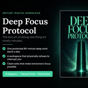 May include: A digital download titled "Deep Focus Protocol" with white and teal text on a black background. The cover art shows the title in teal and a vertical structure with a teal glow. The text describes the protocol's benefits.
