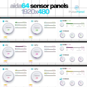 Puede incluir: Pantallas de sensores Aida64 con datos de monitoreo de hardware. Los paneles muestran información de CPU, GPU, RAM y almacenamiento, incluyendo temperatura, velocidad del reloj y utilización. La resolución es 1920x480.