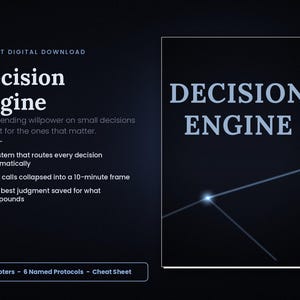 May include: Digital download graphic with the title "Decision Engine" in large white text. The image includes bullet points describing the system's features and a book cover design with the same title. The background is dark blue.