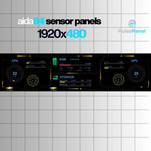 May include: A black sensor panel with the text "aida64 sensor panels 1920x480". The panel displays CPU, RAM, storage, and GPU information with temperature readings in Celsius. The PulsePanel logo is in the upper right corner.