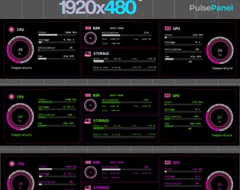 Könnte beinhalten: Eine digitale Anzeige mit Daten von Computersensorfeldern. Die Felder zeigen CPU-, RAM- und GPU-Informationen an, einschließlich Taktfrequenz, Spannung und Temperatur. Der Text "aida64 sensor panels 1920x480" befindet sich oben.