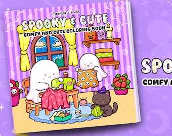 May include: A coloring book titled "Spooky & Cute" with illustrations of ghosts, a black cat, and a pumpkin. The cover art features the text "Spooky & Cute Comfy and Cute Coloring Book" and the words "Fairyland books". The background is purple with stars.
