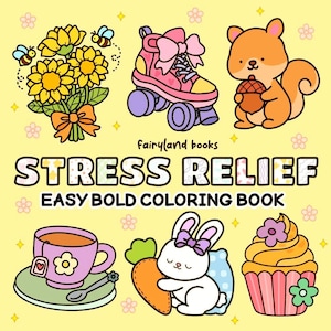 ストレス解消のための印刷可能な簡単大胆な塗り絵、かわいい動物と花、シンプルなアートセラピーリラクゼーション