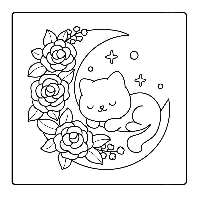 May include: Black and white illustration of a sleeping cat curled up on a crescent moon, surrounded by roses and leaves. Stars and small floral accents complete the design. The image is a square.