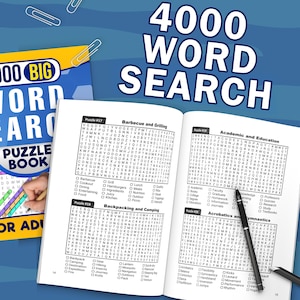 Pode incluir: Um livro de quebra-cabeças de pesquisa de palavras 4000 Word Search está aberto, exibindo quebra-cabeças de pesquisa de palavras sobre churrasco e grelhados, acadêmicos e educação, mochila e acampamento, e acrobacia e ginástica. Uma caneta está na página.