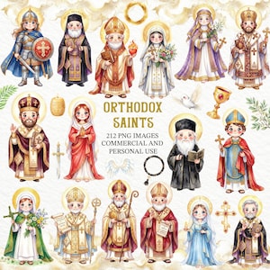 Op de afbeelding: Waterverfillustraties van orthodoxe heiligen in verschillende kleding en poses. De afbeelding bevat figuren met halo's, kruisen en religieuze symbolen. De tekst luidt "Orthodox Saints" en "212 PNG Images Commercial and Personal Use."