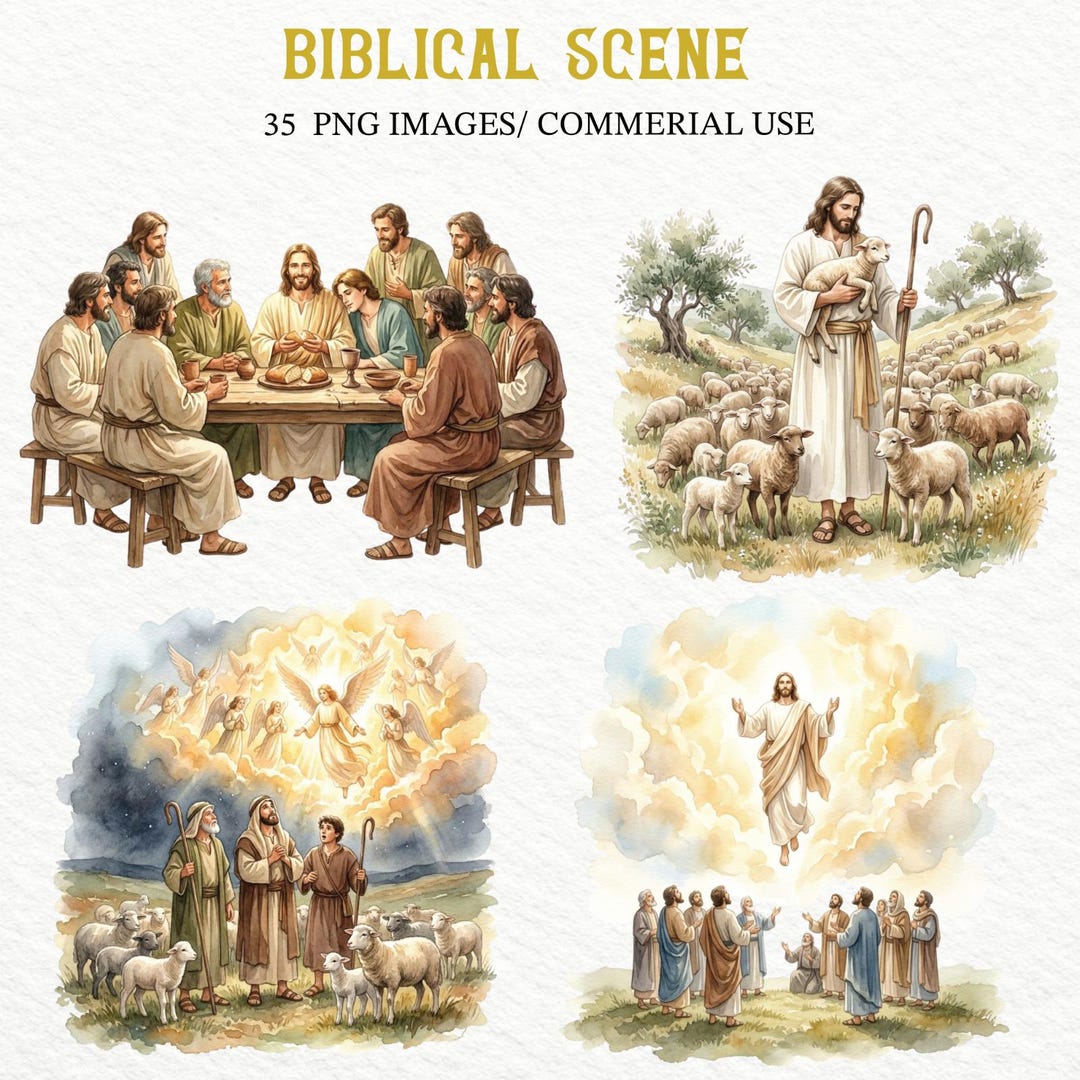 Biblical Scene Clipart Bundle, Bible Story Watercolor PNG, Jesus Life ...