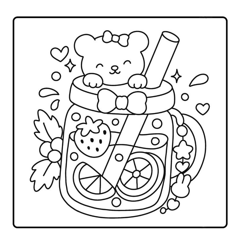 May include: Black and white illustration of a refreshing drink in a mason jar. A cute bear with a bow sits on top, with a straw, strawberry, and lemon slices inside. Decorative hearts and stars surround the jar.